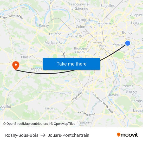 Rosny-Sous-Bois to Jouars-Pontchartrain map