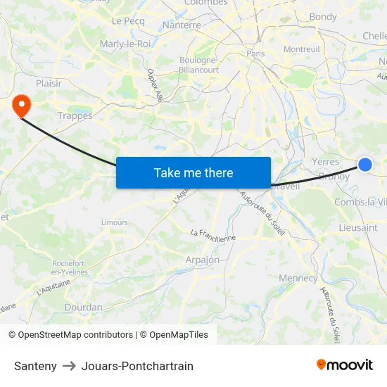 Santeny to Jouars-Pontchartrain map