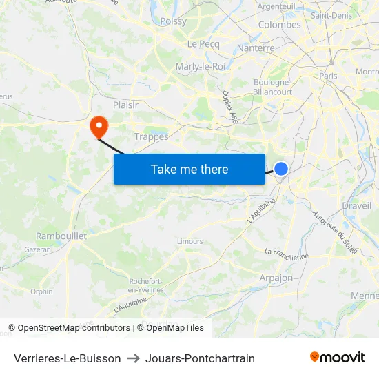 Verrieres-Le-Buisson to Jouars-Pontchartrain map