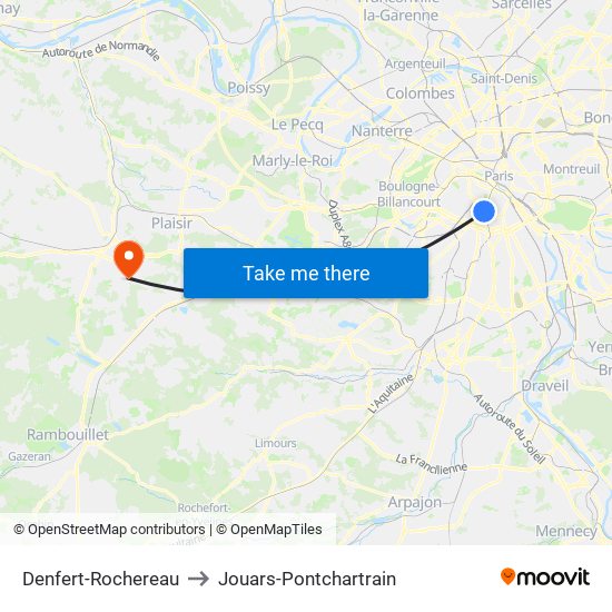 Denfert-Rochereau to Jouars-Pontchartrain map