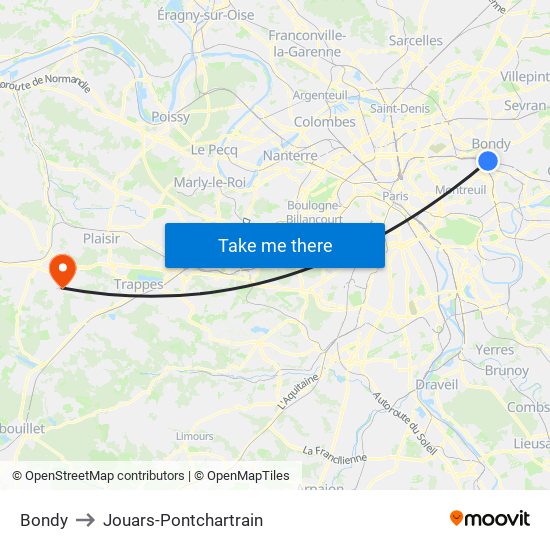 Bondy to Jouars-Pontchartrain map
