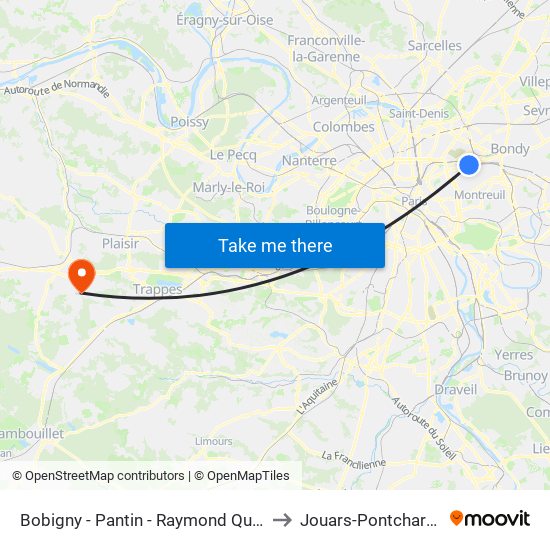 Bobigny - Pantin - Raymond Queneau to Jouars-Pontchartrain map