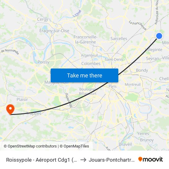 Roissypole - Aéroport Cdg1 (D1) to Jouars-Pontchartrain map