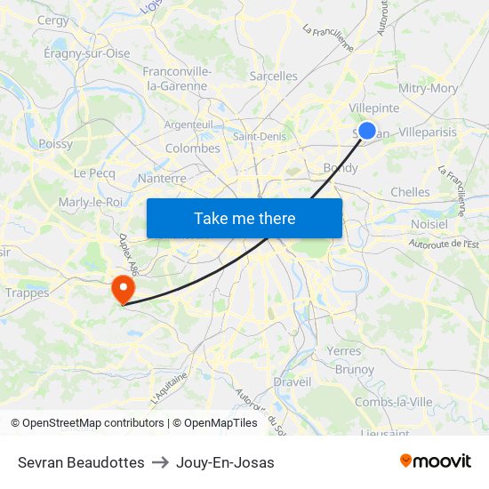 Sevran Beaudottes to Jouy-En-Josas map