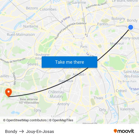 Bondy to Jouy-En-Josas map