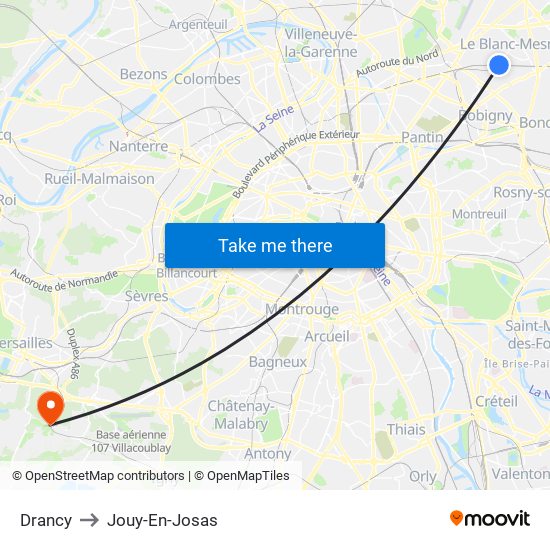 Drancy to Jouy-En-Josas map