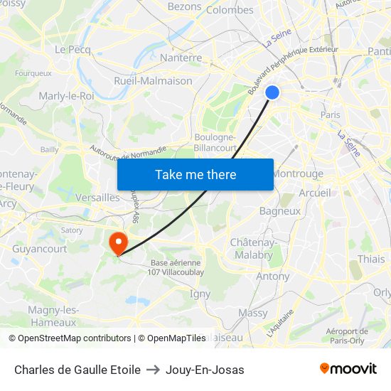 Charles de Gaulle Etoile to Jouy-En-Josas map