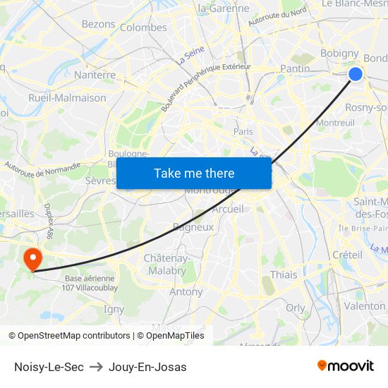 Noisy-Le-Sec to Jouy-En-Josas map