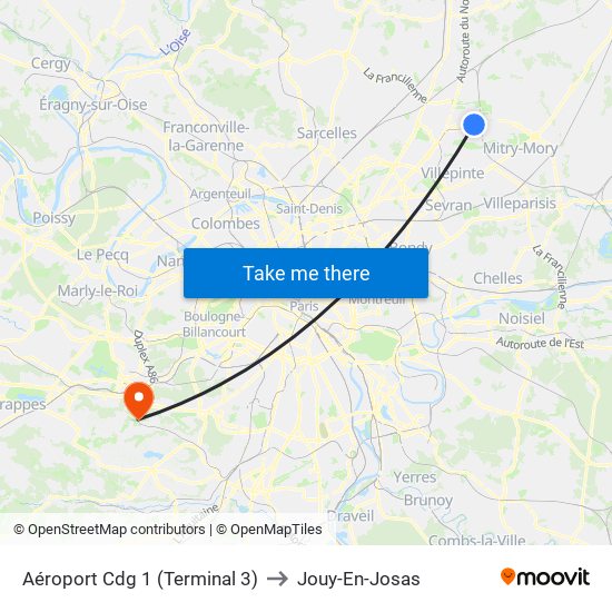 Aéroport Cdg 1 (Terminal 3) to Jouy-En-Josas map