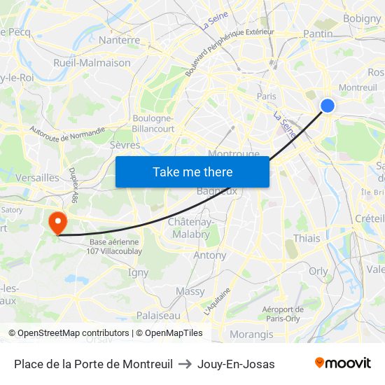 Place de la Porte de Montreuil to Jouy-En-Josas map