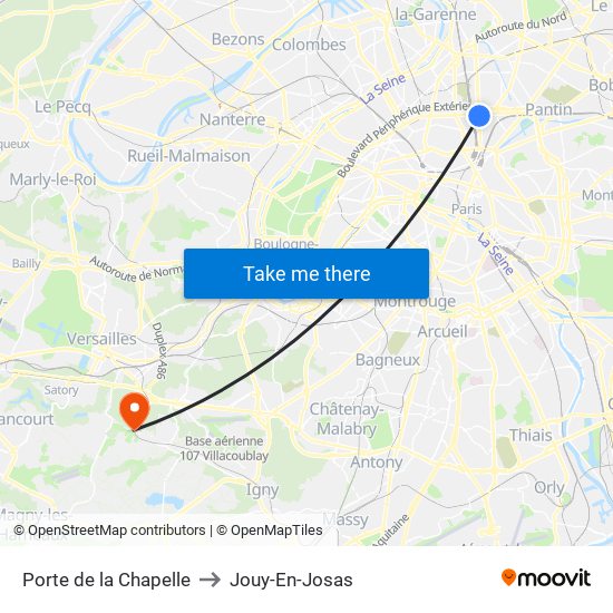 Porte de la Chapelle to Jouy-En-Josas map