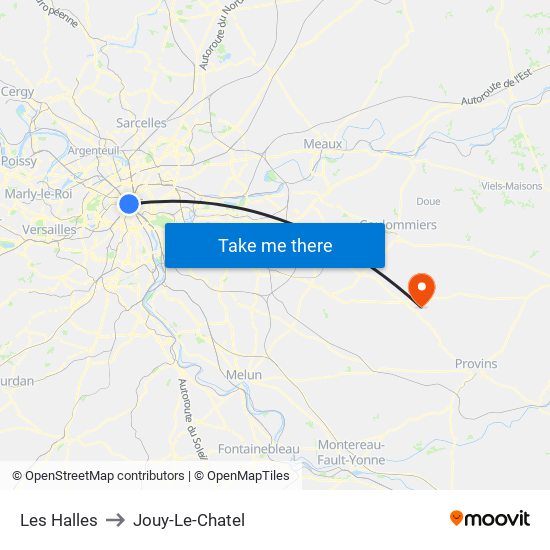 Les Halles to Jouy-Le-Chatel map