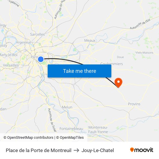 Place de la Porte de Montreuil to Jouy-Le-Chatel map