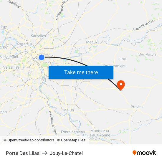 Porte Des Lilas to Jouy-Le-Chatel map