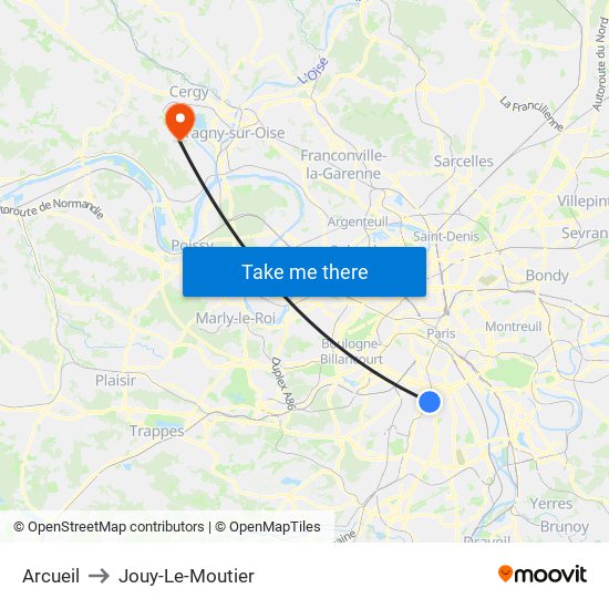 Arcueil to Jouy-Le-Moutier map