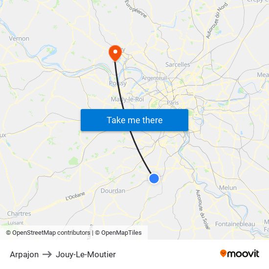 Arpajon to Jouy-Le-Moutier map