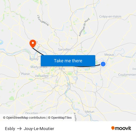 Esbly to Jouy-Le-Moutier map