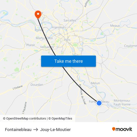 Fontainebleau to Jouy-Le-Moutier map