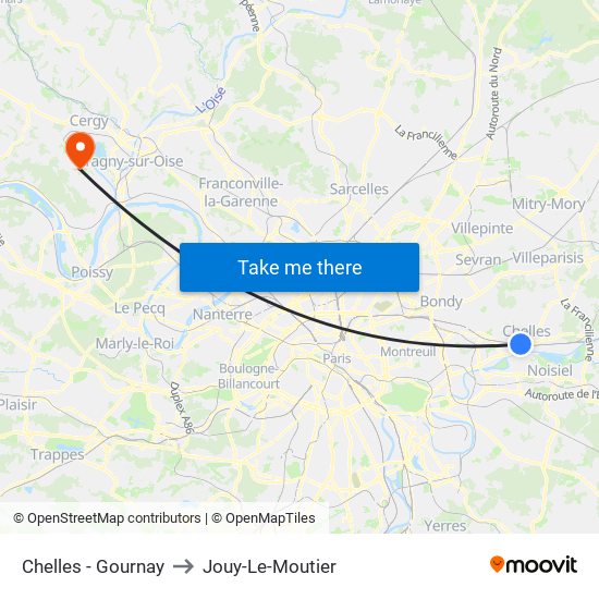 Chelles - Gournay to Jouy-Le-Moutier map