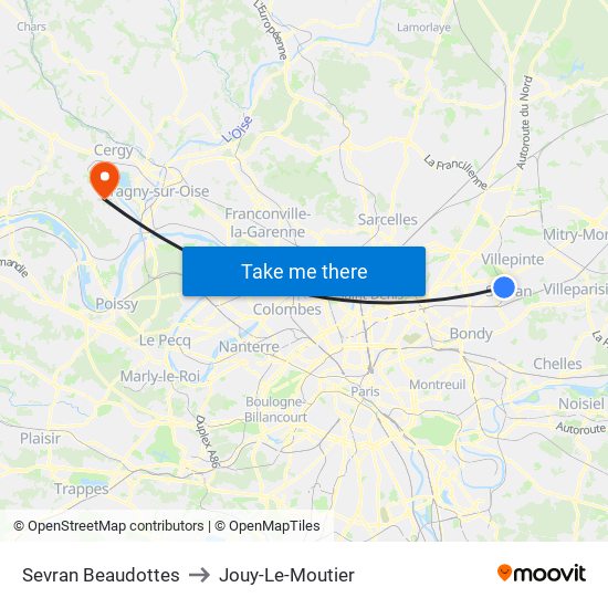 Sevran Beaudottes to Jouy-Le-Moutier map