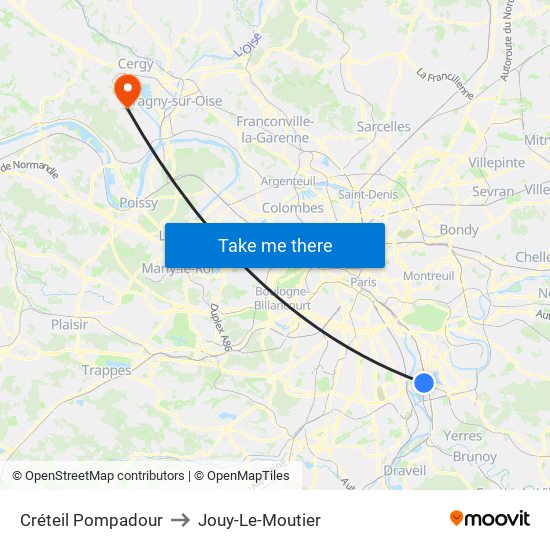 Créteil Pompadour to Jouy-Le-Moutier map