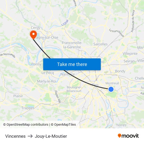 Vincennes to Jouy-Le-Moutier map