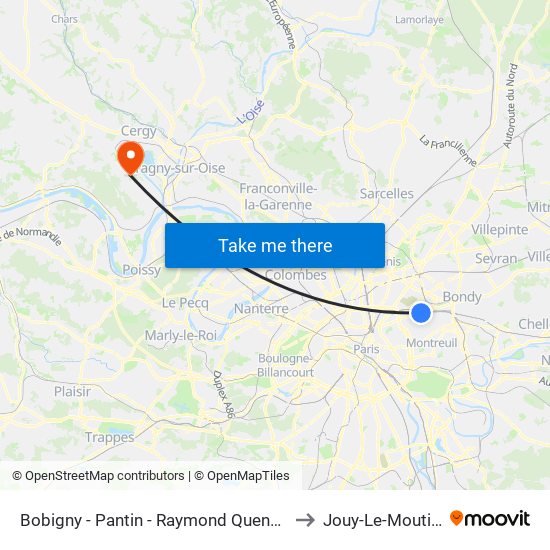 Bobigny - Pantin - Raymond Queneau to Jouy-Le-Moutier map