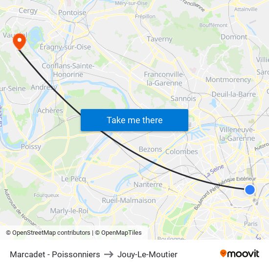 Marcadet - Poissonniers to Jouy-Le-Moutier map