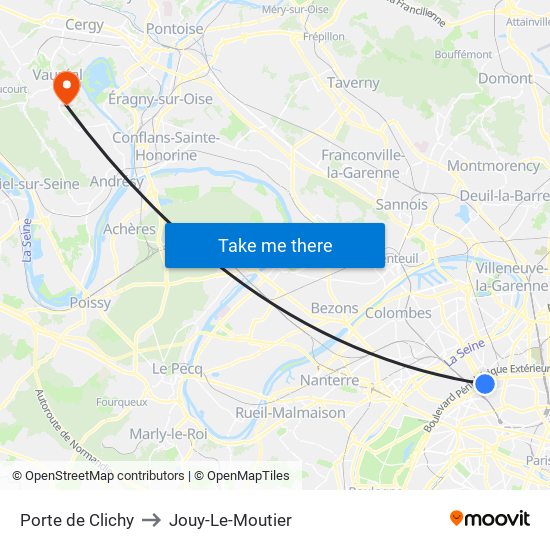 Porte de Clichy to Jouy-Le-Moutier map