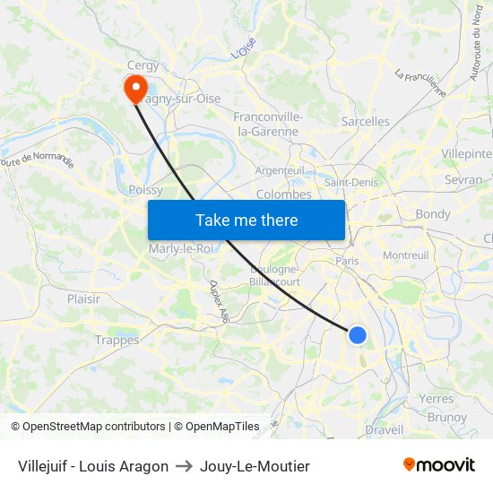 Villejuif - Louis Aragon to Jouy-Le-Moutier map