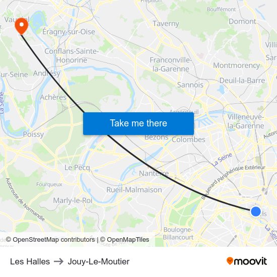 Les Halles to Jouy-Le-Moutier map
