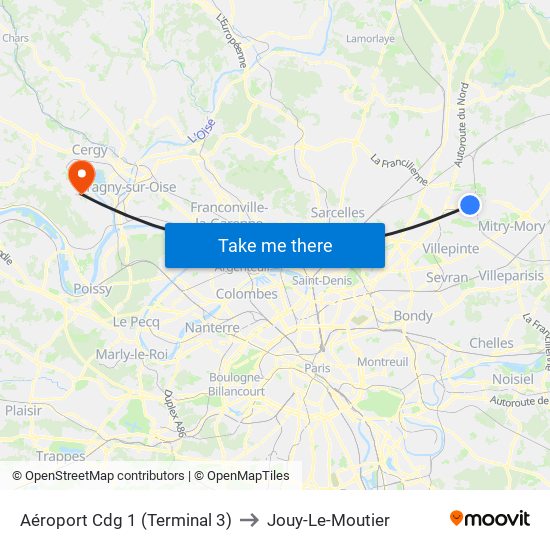 Aéroport Cdg 1 (Terminal 3) to Jouy-Le-Moutier map