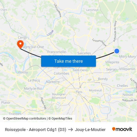 Roissypole - Aéroport Cdg1 (D3) to Jouy-Le-Moutier map