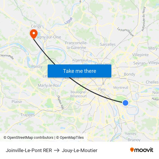 Joinville-Le-Pont RER to Jouy-Le-Moutier map