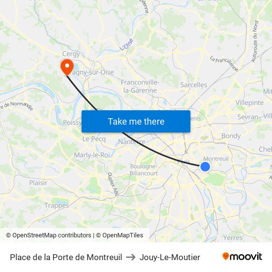 Place de la Porte de Montreuil to Jouy-Le-Moutier map