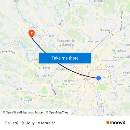 Gallieni to Jouy-Le-Moutier map