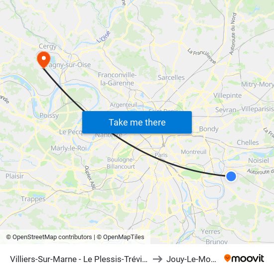Villiers-Sur-Marne - Le Plessis-Trévise RER to Jouy-Le-Moutier map
