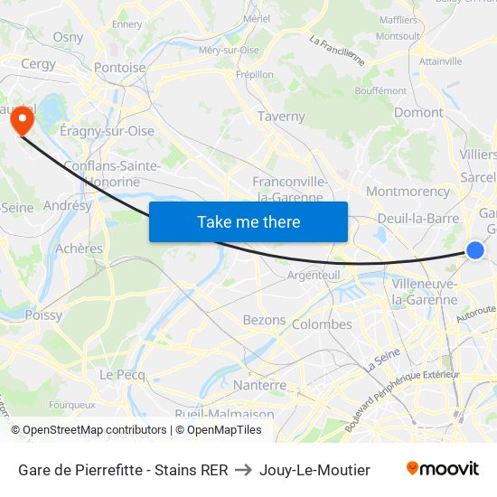 Gare de Pierrefitte - Stains RER to Jouy-Le-Moutier map