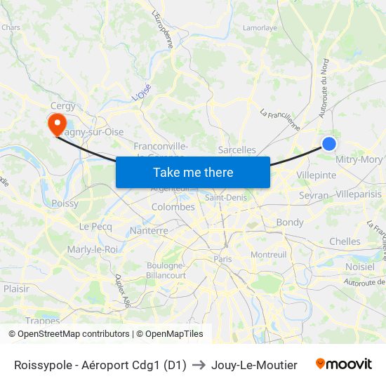 Roissypole - Aéroport Cdg1 (D1) to Jouy-Le-Moutier map