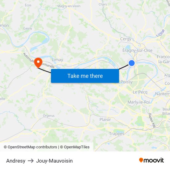 Andresy to Jouy-Mauvoisin map