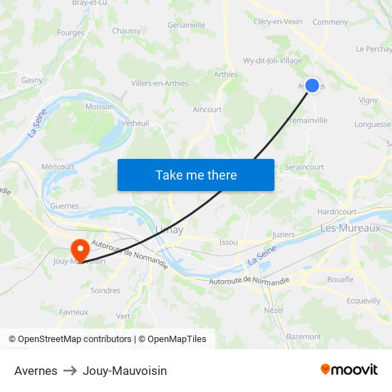 Avernes to Jouy-Mauvoisin map