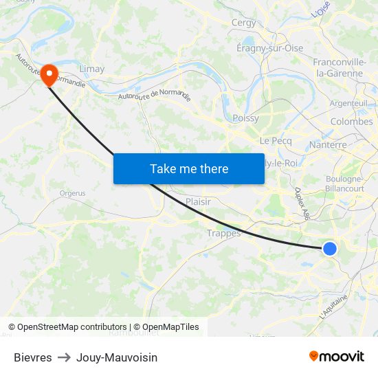 Bievres to Jouy-Mauvoisin map