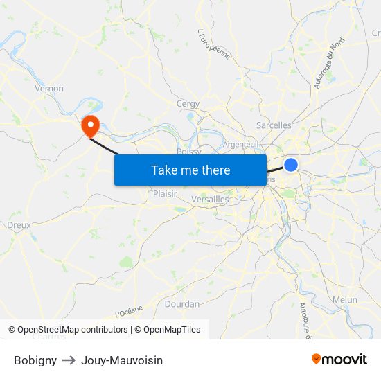 Bobigny to Jouy-Mauvoisin map