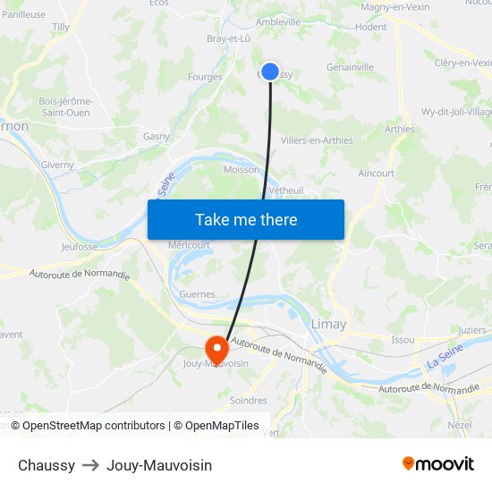 Chaussy to Jouy-Mauvoisin map