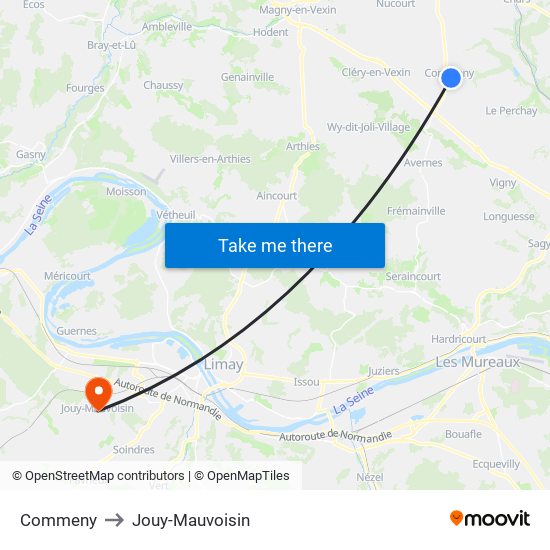Commeny to Jouy-Mauvoisin map