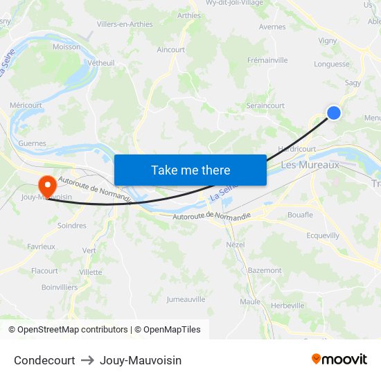 Condecourt to Jouy-Mauvoisin map