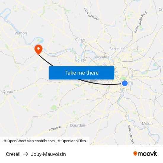Creteil to Jouy-Mauvoisin map