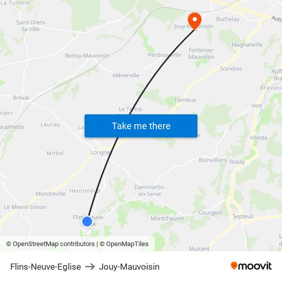 Flins-Neuve-Eglise to Jouy-Mauvoisin map
