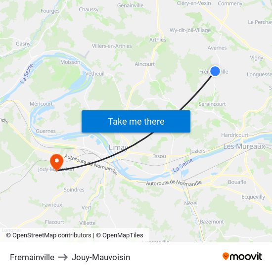 Fremainville to Jouy-Mauvoisin map