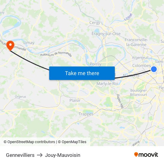 Gennevilliers to Jouy-Mauvoisin map